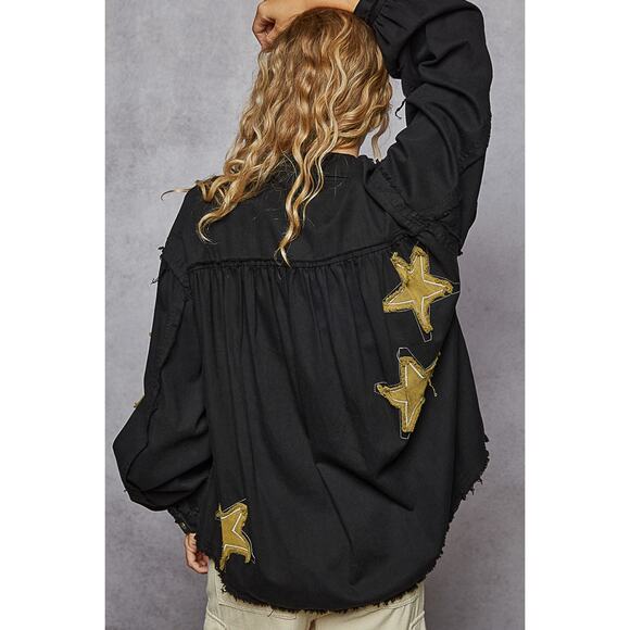 POL Star Patch Raw Hem Button Up Chest Pockets Oversized Denim Jacket | Black - Picture 2 of 4